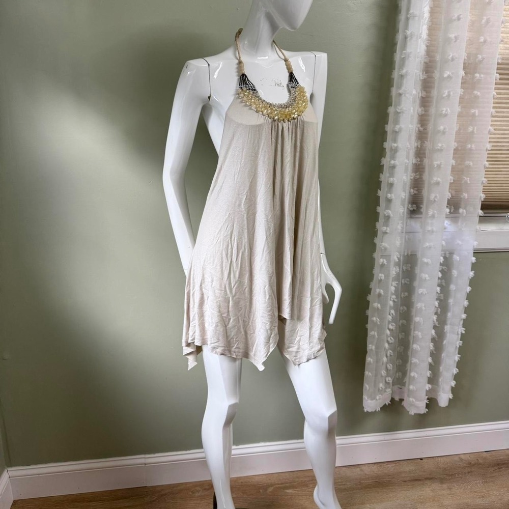 Boho Beaded Halter Mini Dress‎ – One Size Fits Most (Tagged XL) Soft cream-beige